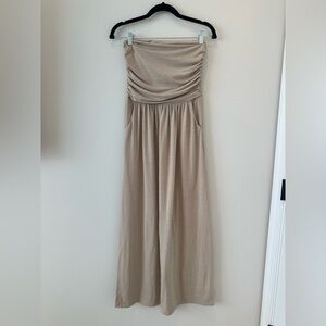 Women’s Strapless Ruched Maxi Dress Jersey Knit Brown Resortwear Desert Scandi